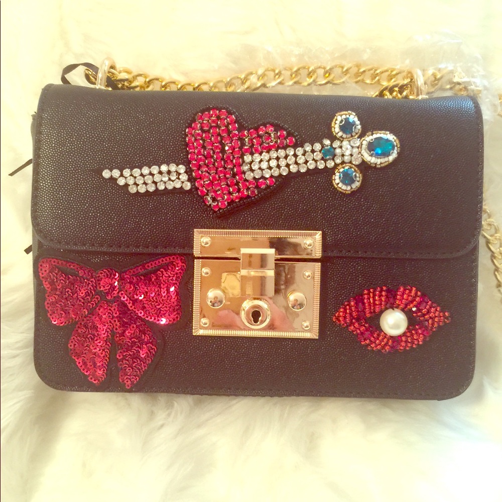 NWT black Rhinestone patch bag with gold chain